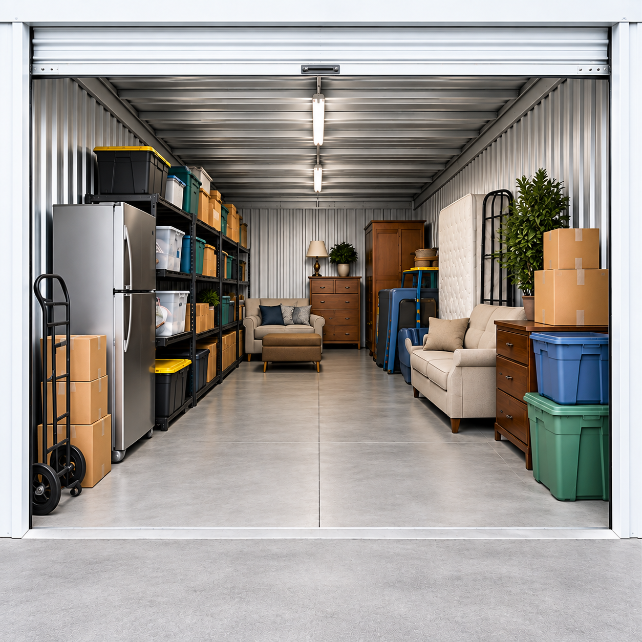 Open storage unit holding furniture, boxes, and household items